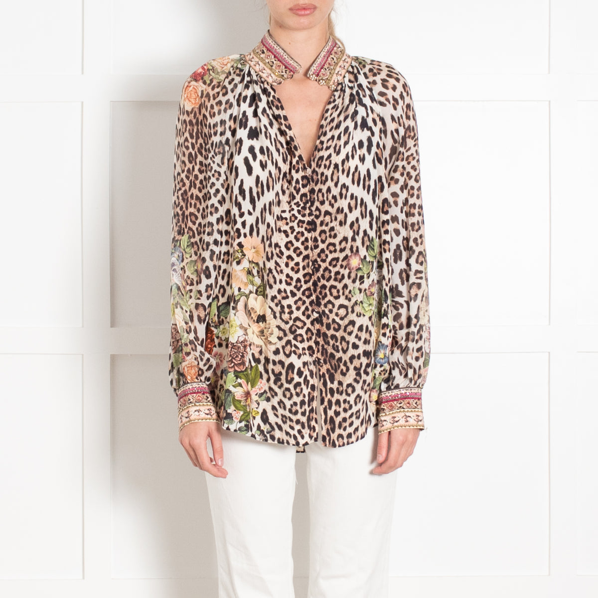 Camilla Brown Leopard Print Pink Peach Silk Floral Print Beaded Trim Blouse