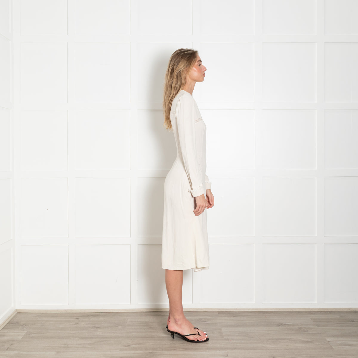 Prada Off-White Lace Insert Long Sleeve Midi Dress