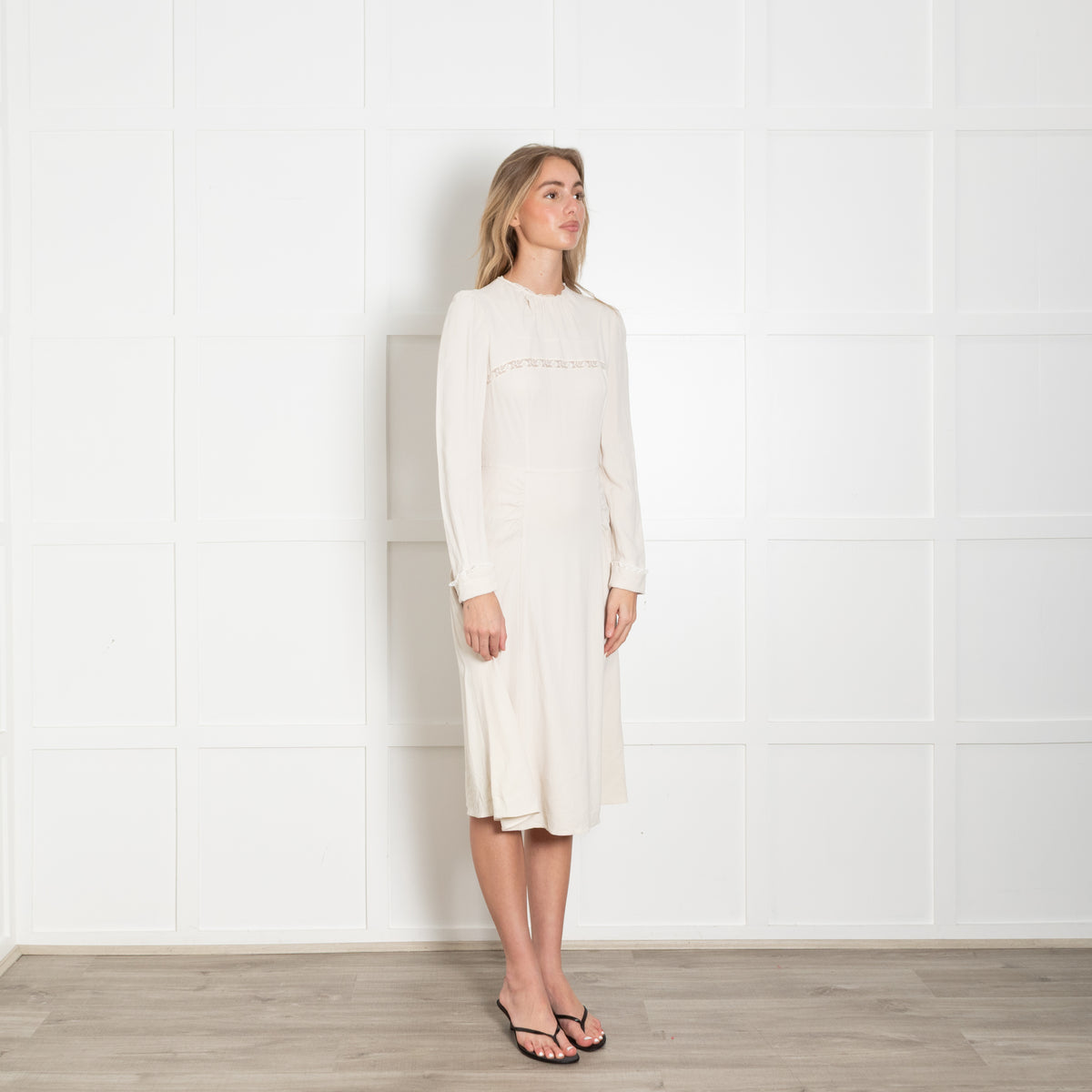 Prada Off-White Lace Insert Long Sleeve Midi Dress