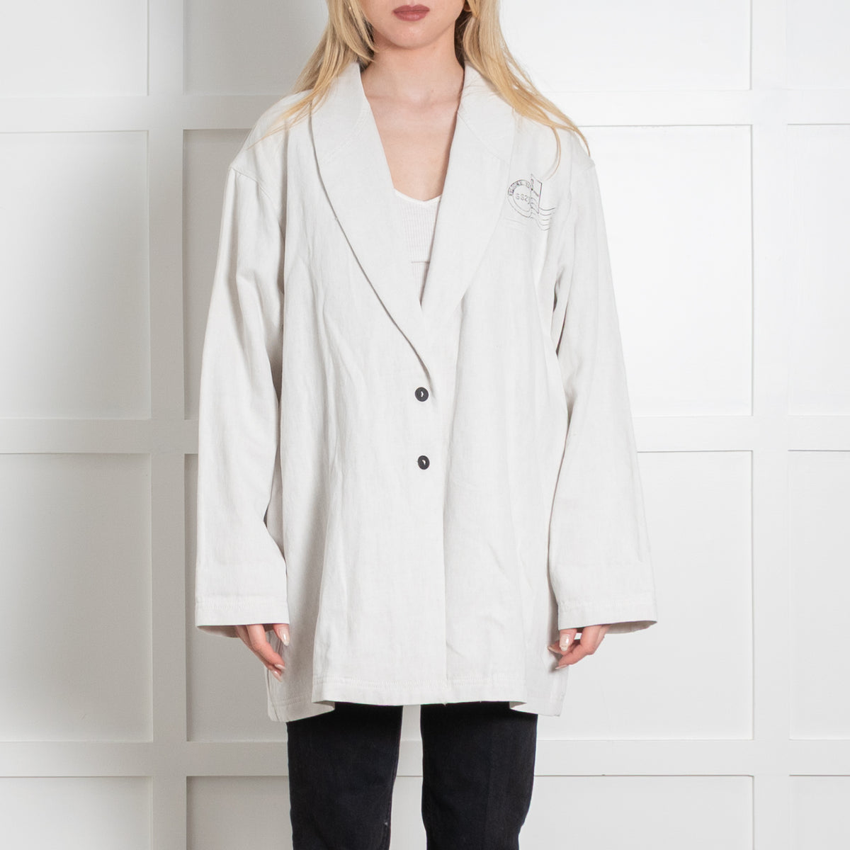 Sara Pacini Beige Linen Stamp Print Detail Blazer Jacket