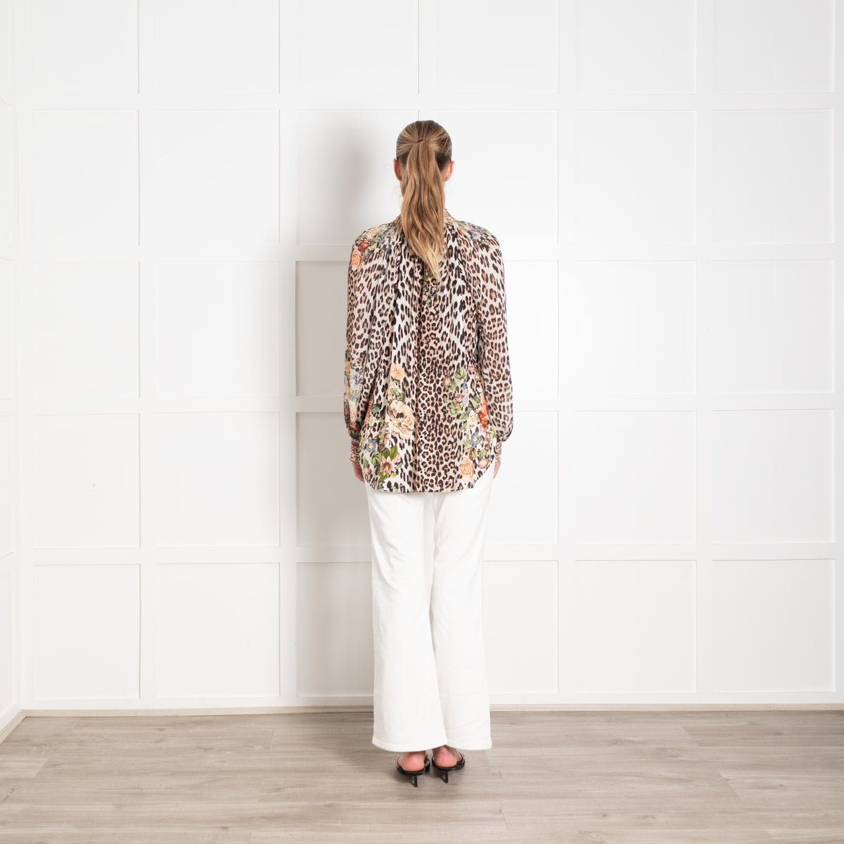 Camilla Brown Leopard Print Pink Peach Silk Floral Print Beaded Trim Blouse