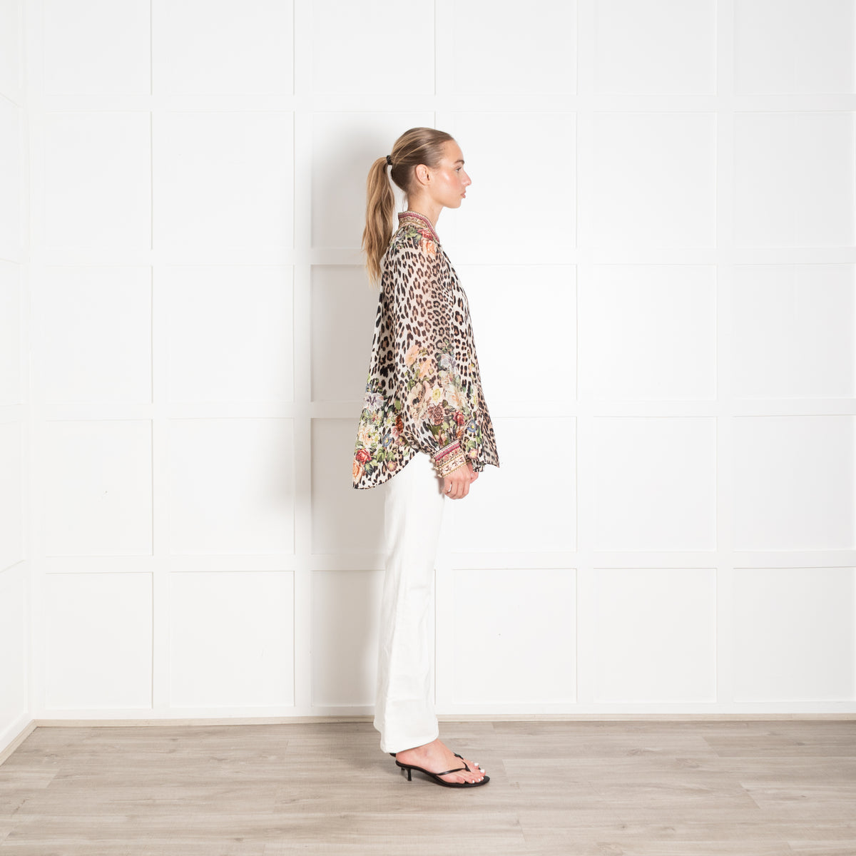 Camilla Brown Leopard Print Pink Peach Silk Floral Print Beaded Trim Blouse