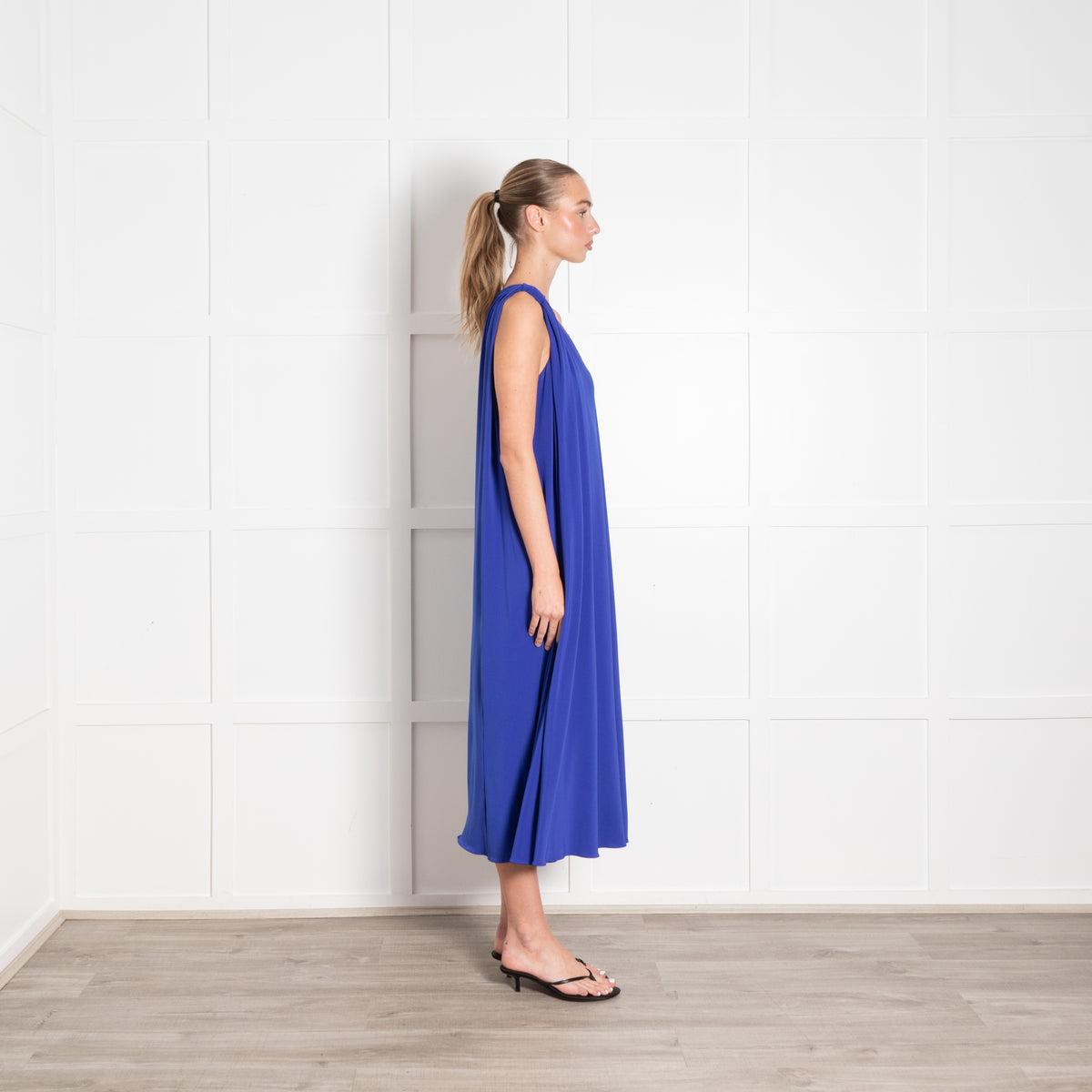 Halston Royal Blue One Shoulder Jersey Maxi Dress