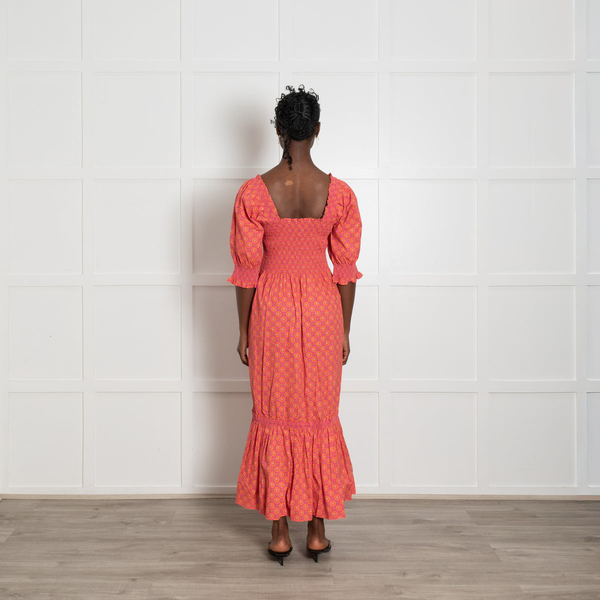 Wyse Pink and Orange Shirred Midi Dress