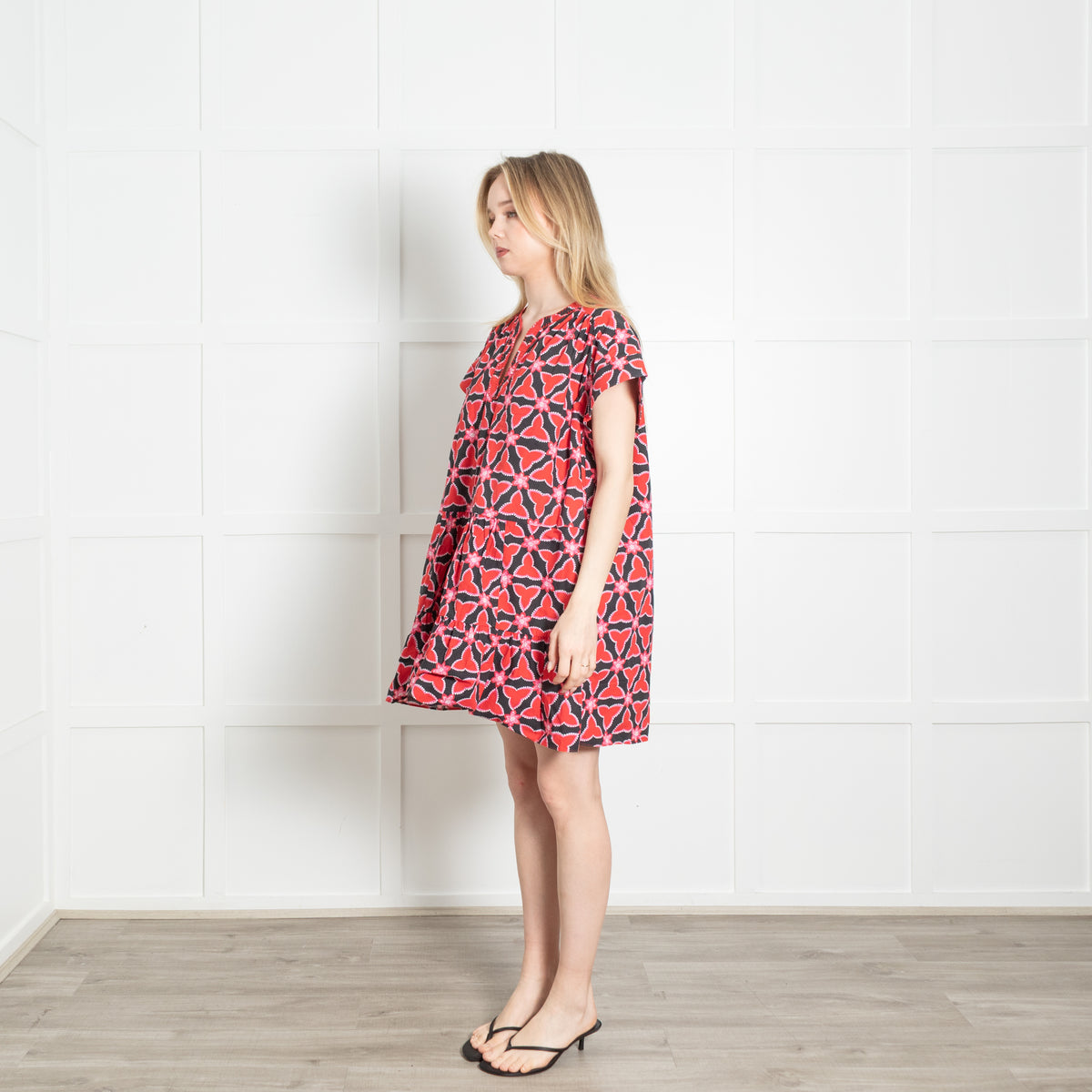Saloni Black Red Floral Cotton Sleeveless Peplum Mini Dress