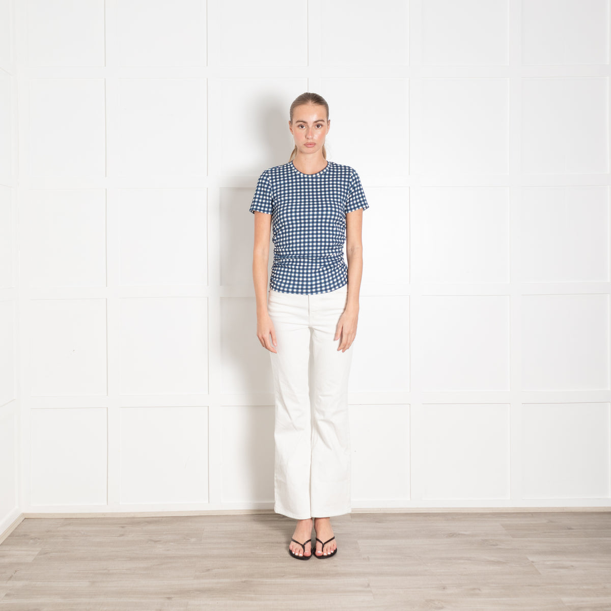 Bimba Y Lola Blue White Checked Ruched Sized Short Sleeved Fitted Top