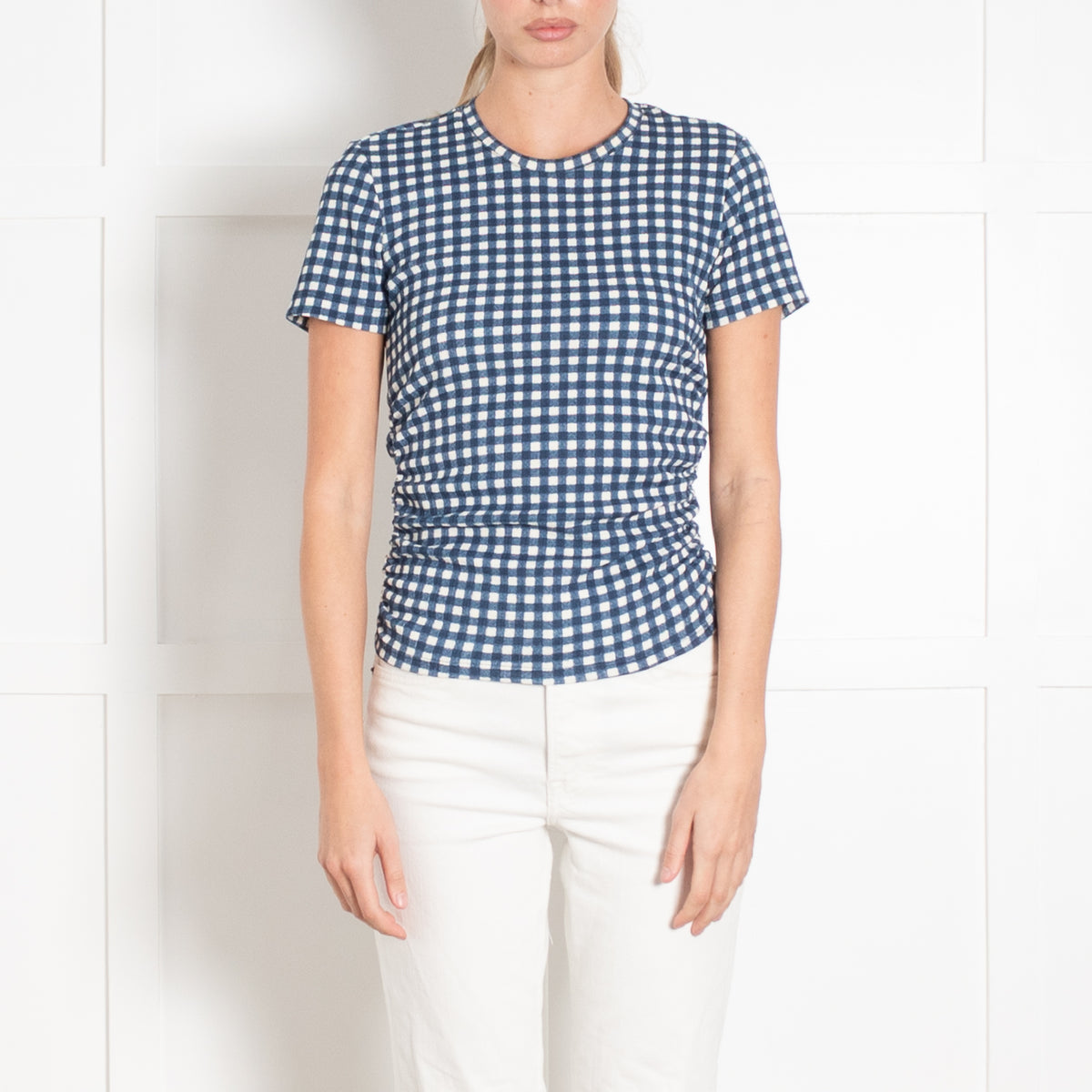 Bimba Y Lola Blue White Checked Ruched Sized Short Sleeved Fitted Top