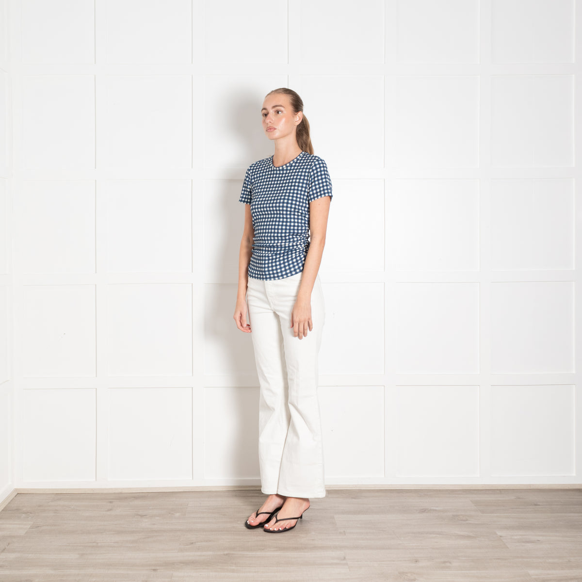 Bimba Y Lola Blue White Checked Ruched Sized Short Sleeved Fitted Top