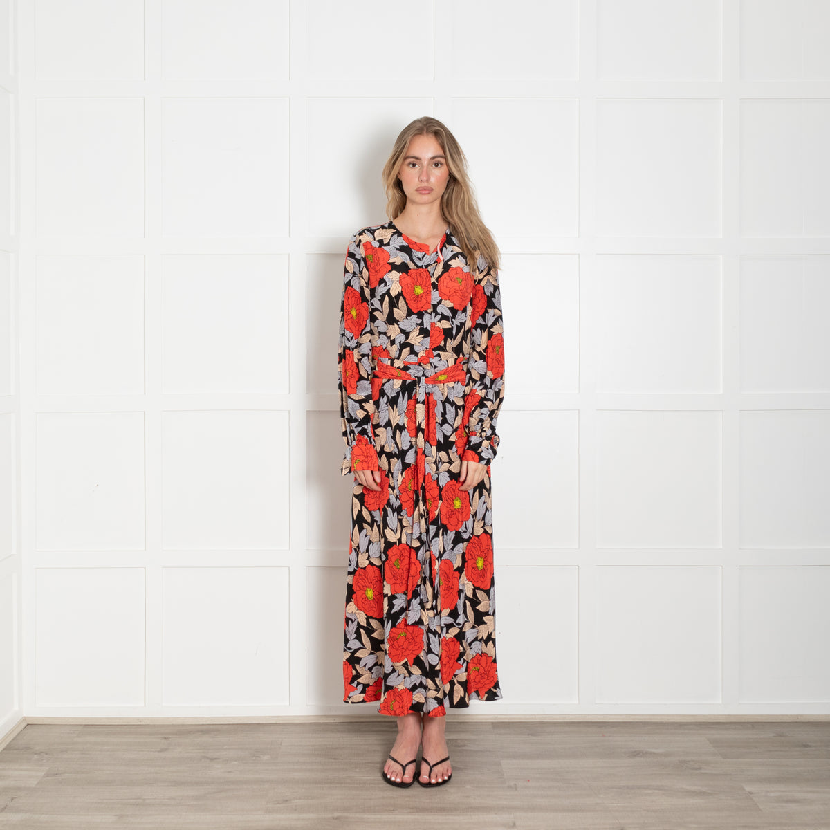 Diane Von Furstenberg Black Orange Blue Floral  Waist Tie Midi Dress