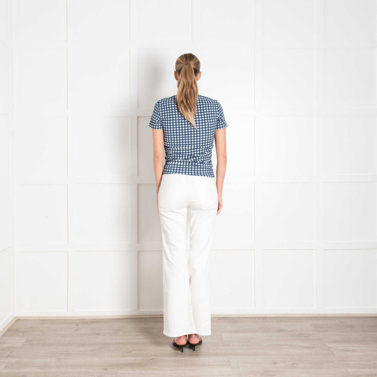 Bimba Y Lola Blue White Checked Ruched Sized Short Sleeved Fitted Top