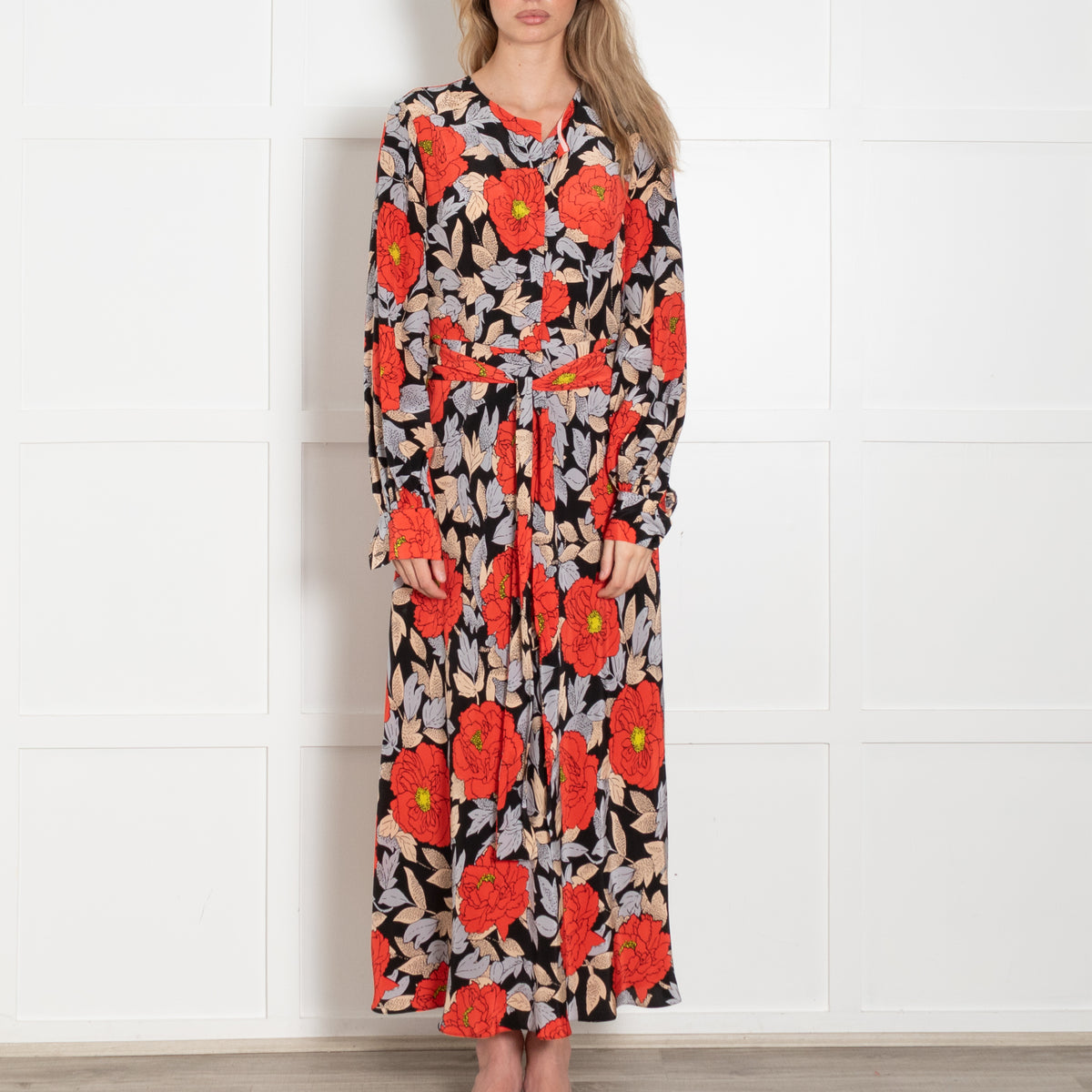 Diane Von Furstenberg Black Orange Blue Floral  Waist Tie Midi Dress