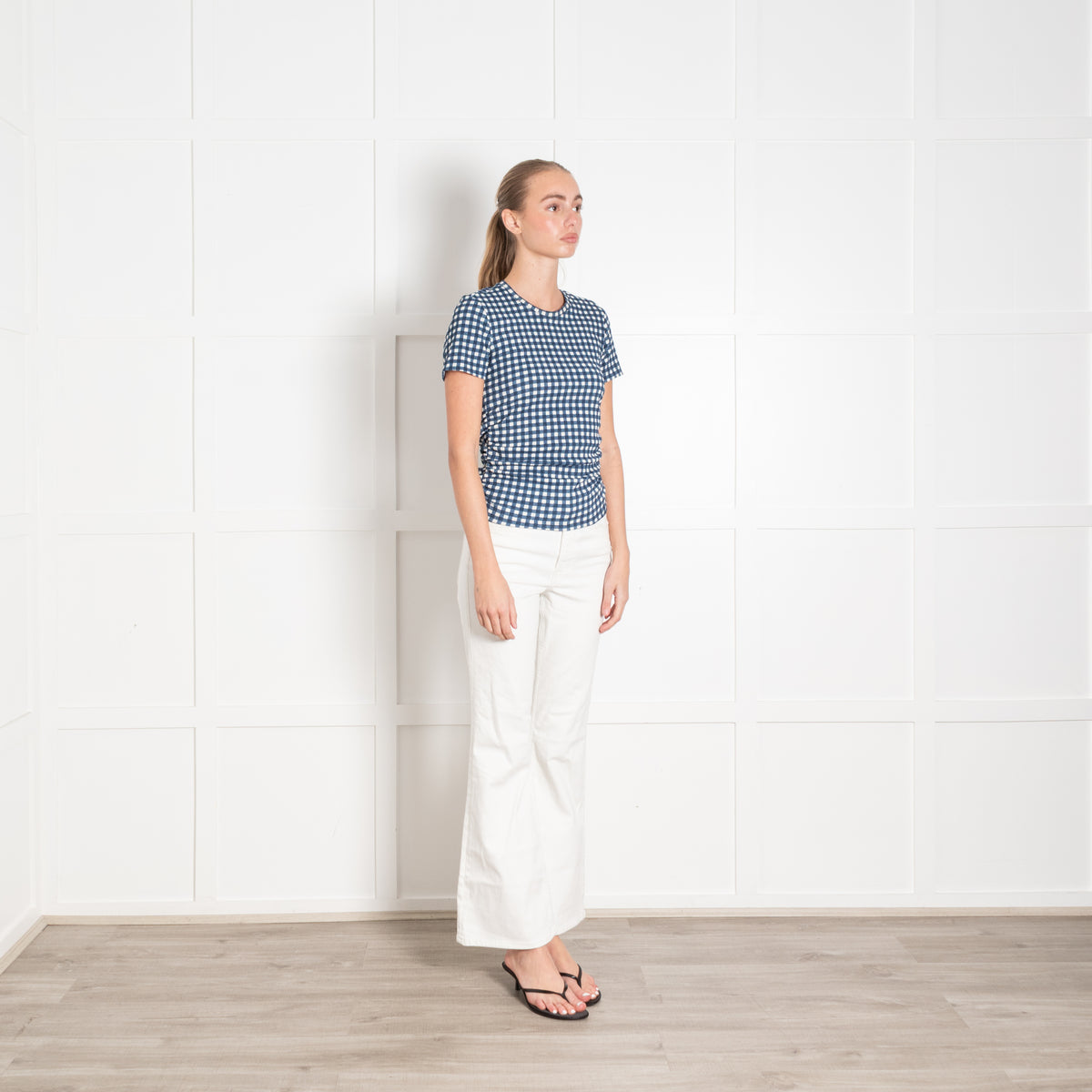 Bimba Y Lola Blue White Checked Ruched Sized Short Sleeved Fitted Top