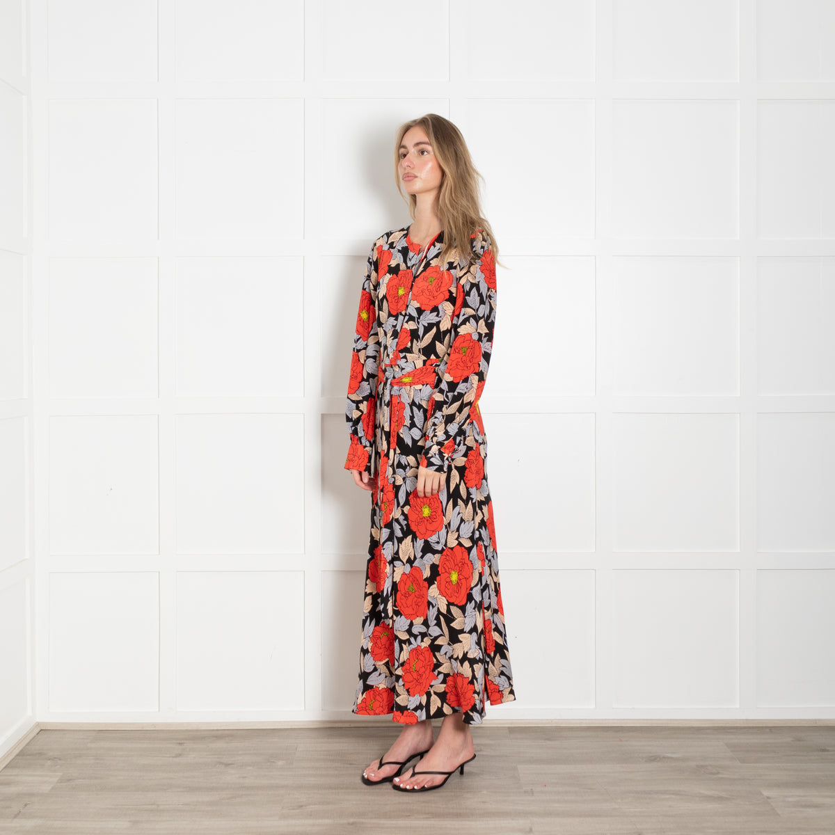 Diane Von Furstenberg Black Orange Blue Floral  Waist Tie Midi Dress
