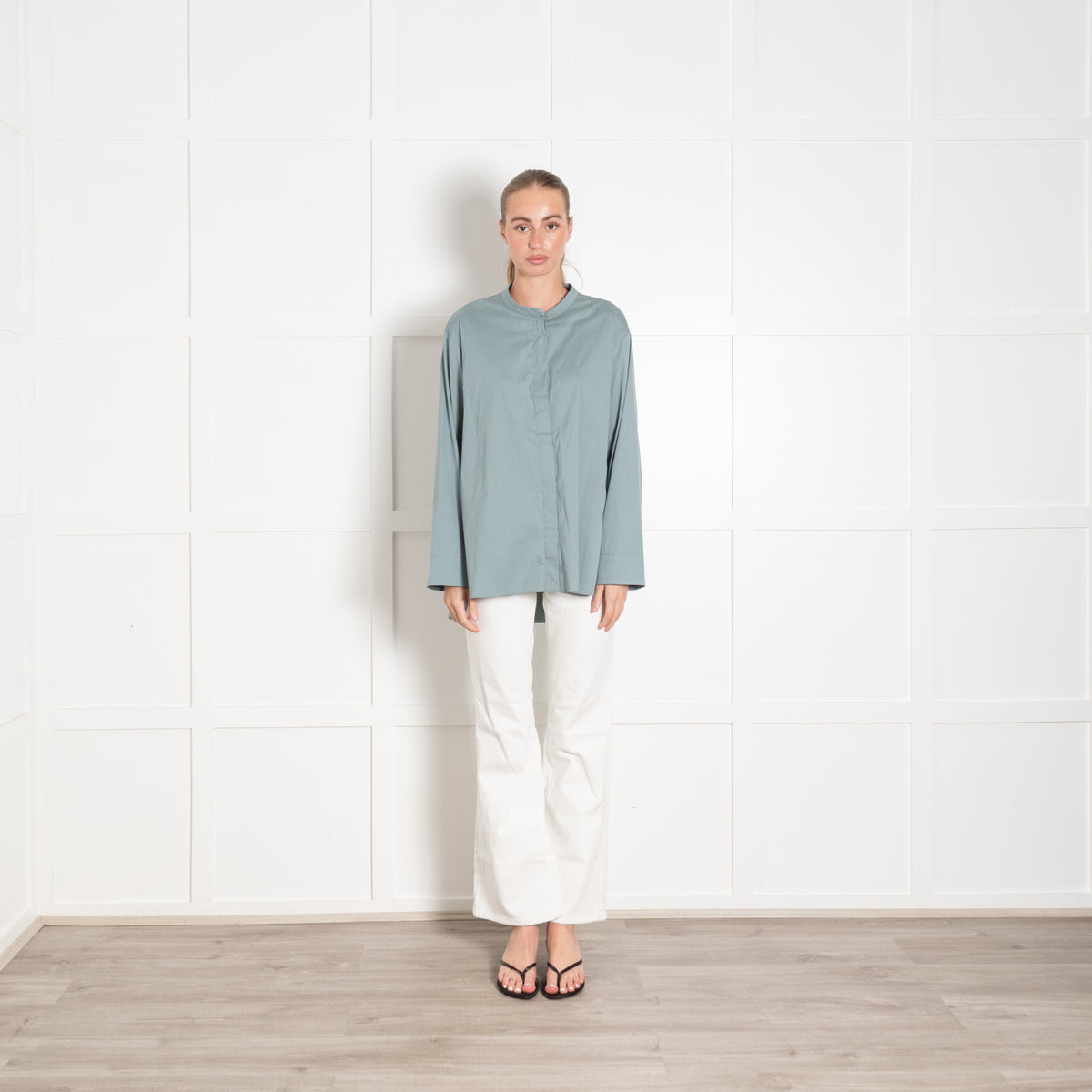 S Max Mara Light Teal Collarless Shirt