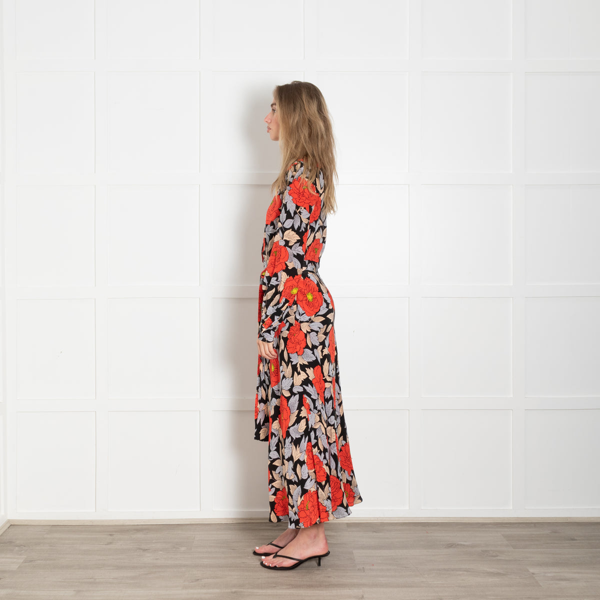 Diane Von Furstenberg Black Orange Blue Floral  Waist Tie Midi Dress