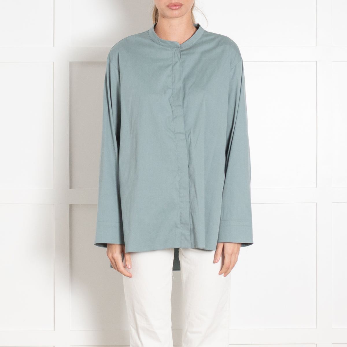 S Max Mara Light Teal Collarless Shirt