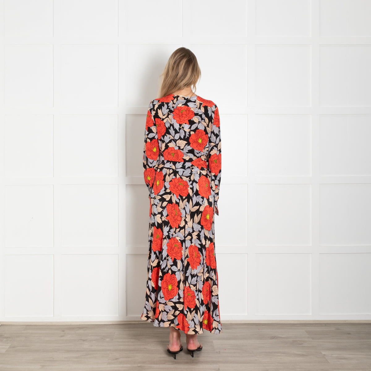 Diane Von Furstenberg Black Orange Blue Floral  Waist Tie Midi Dress