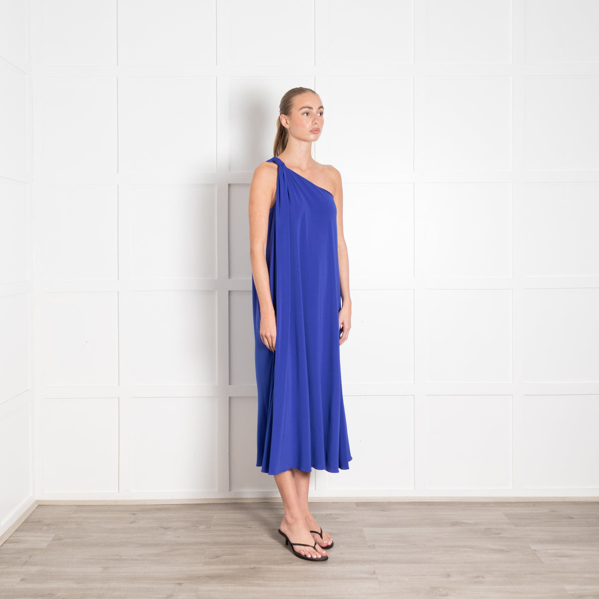 Halston Royal Blue One Shoulder Jersey Maxi Dress