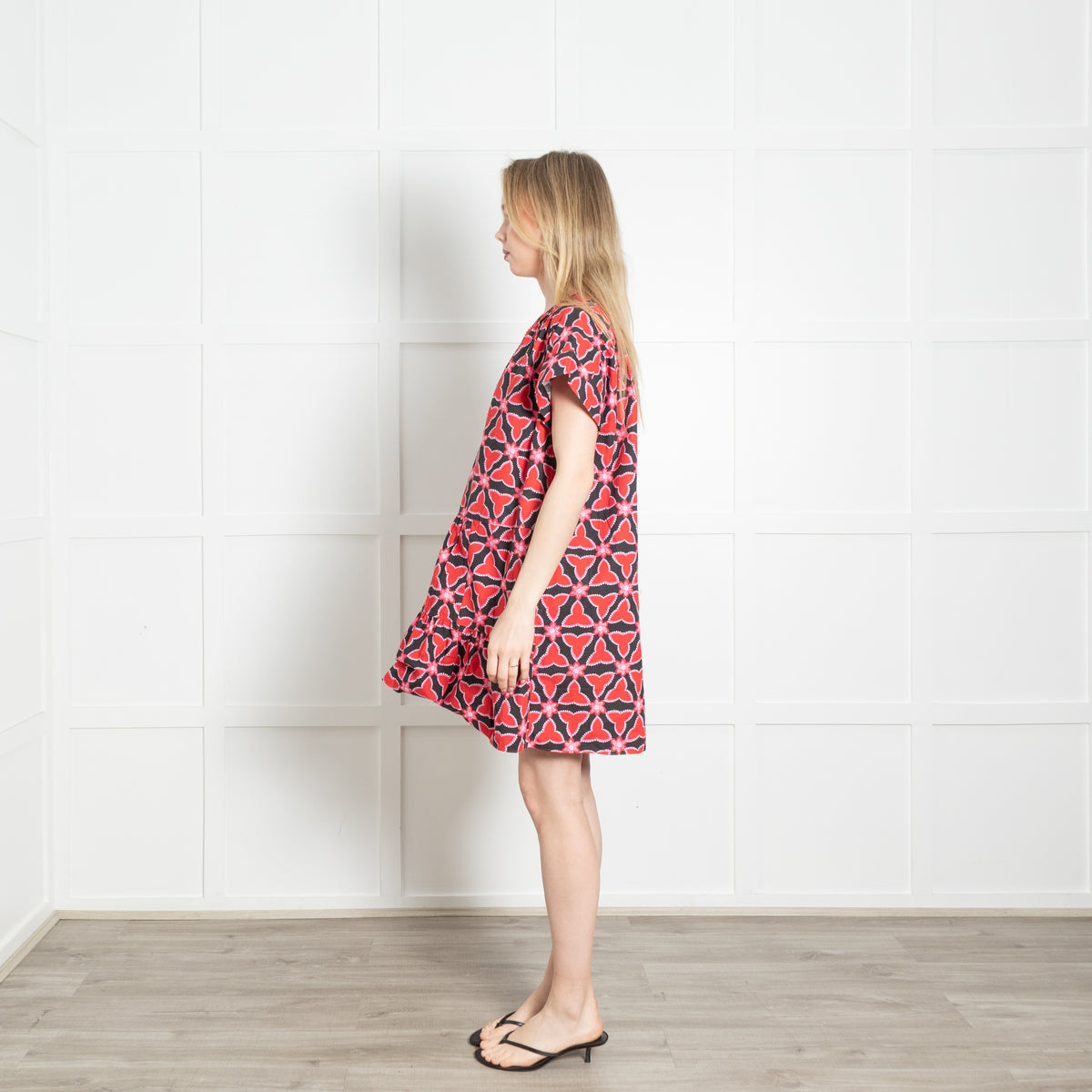 Saloni Black Red Floral Cotton Sleeveless Peplum Mini Dress