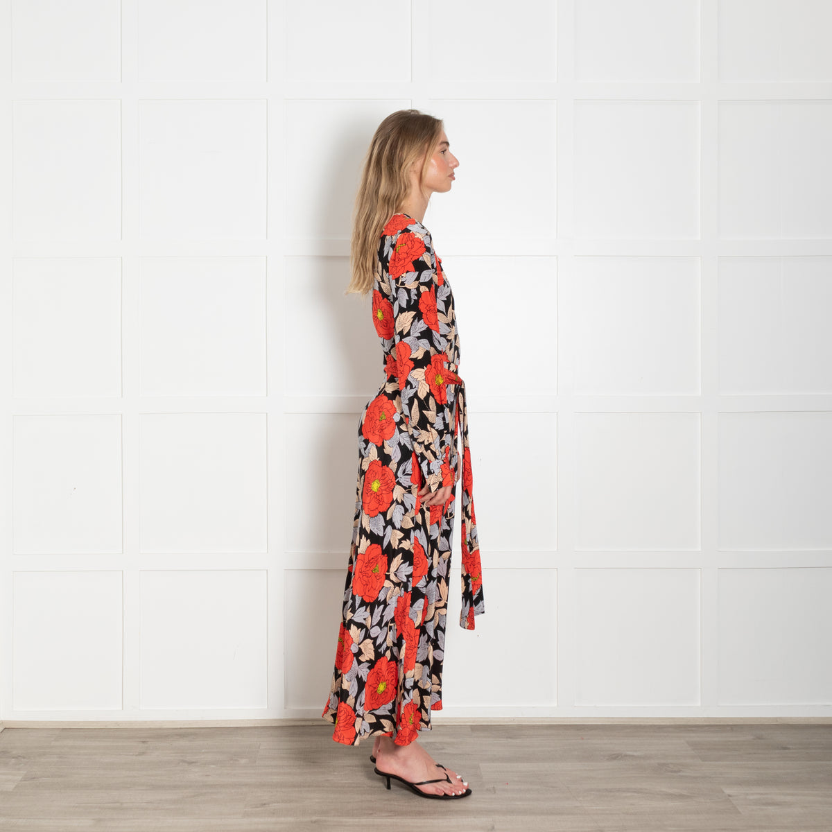 Diane Von Furstenberg Black Orange Blue Floral  Waist Tie Midi Dress