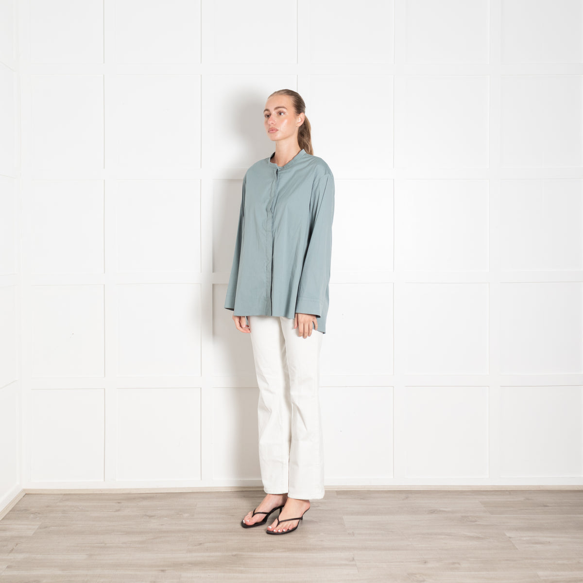 S Max Mara Light Teal Collarless Shirt