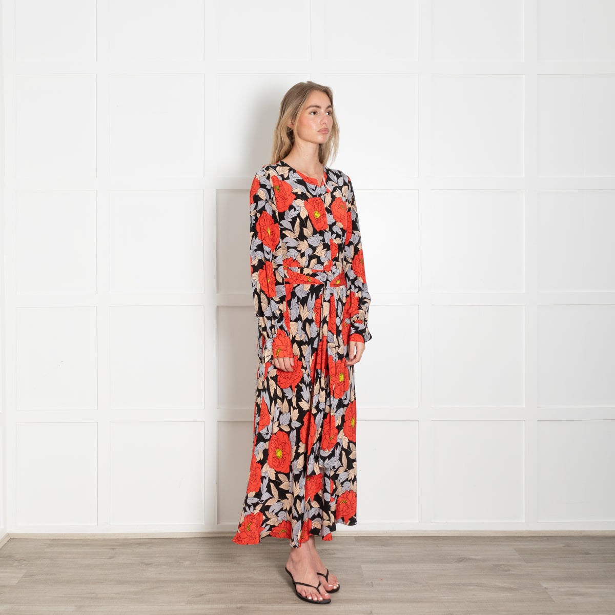 Diane Von Furstenberg Black Orange Blue Floral  Waist Tie Midi Dress