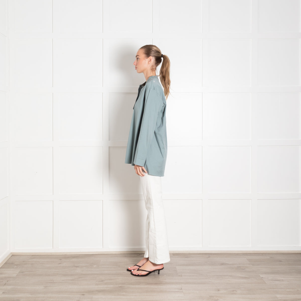 S Max Mara Light Teal Collarless Shirt