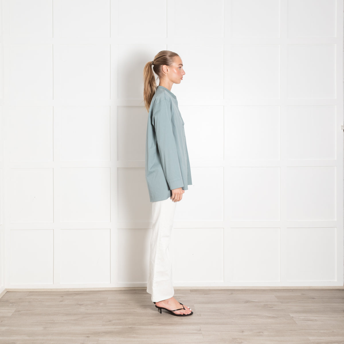 S Max Mara Light Teal Collarless Shirt