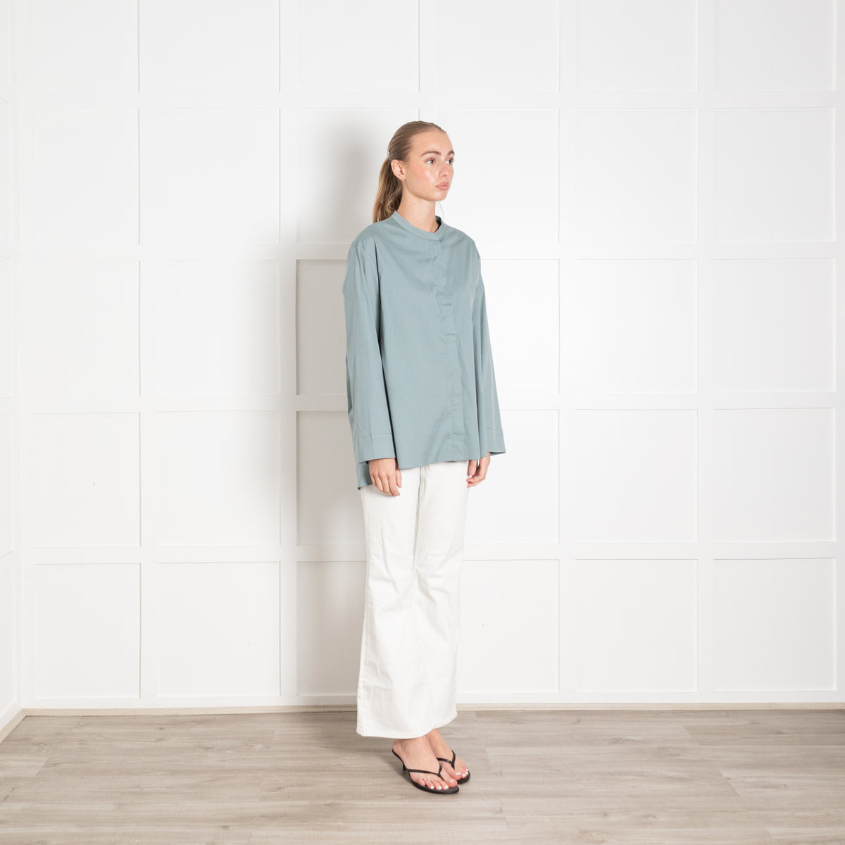 S Max Mara Light Teal Collarless Shirt