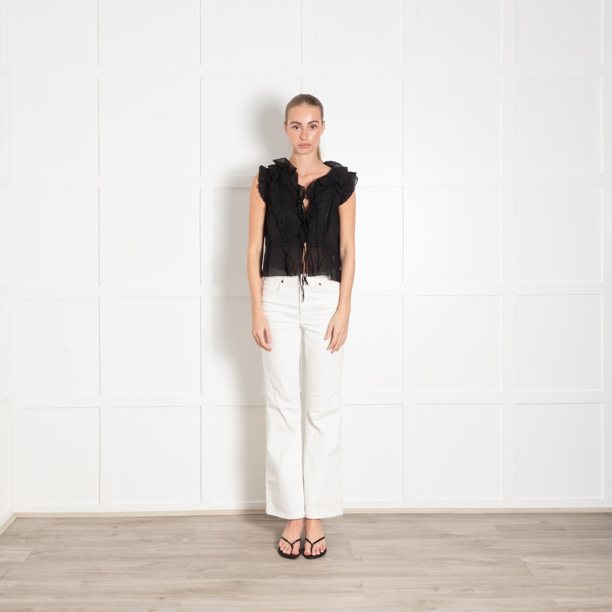 Brora Black Cotton Pin Tuck Detail Sleeveless Top