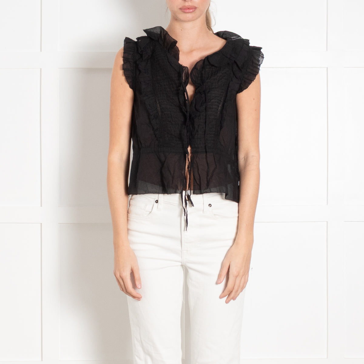 Brora Black Cotton Pin Tuck Detail Sleeveless Top