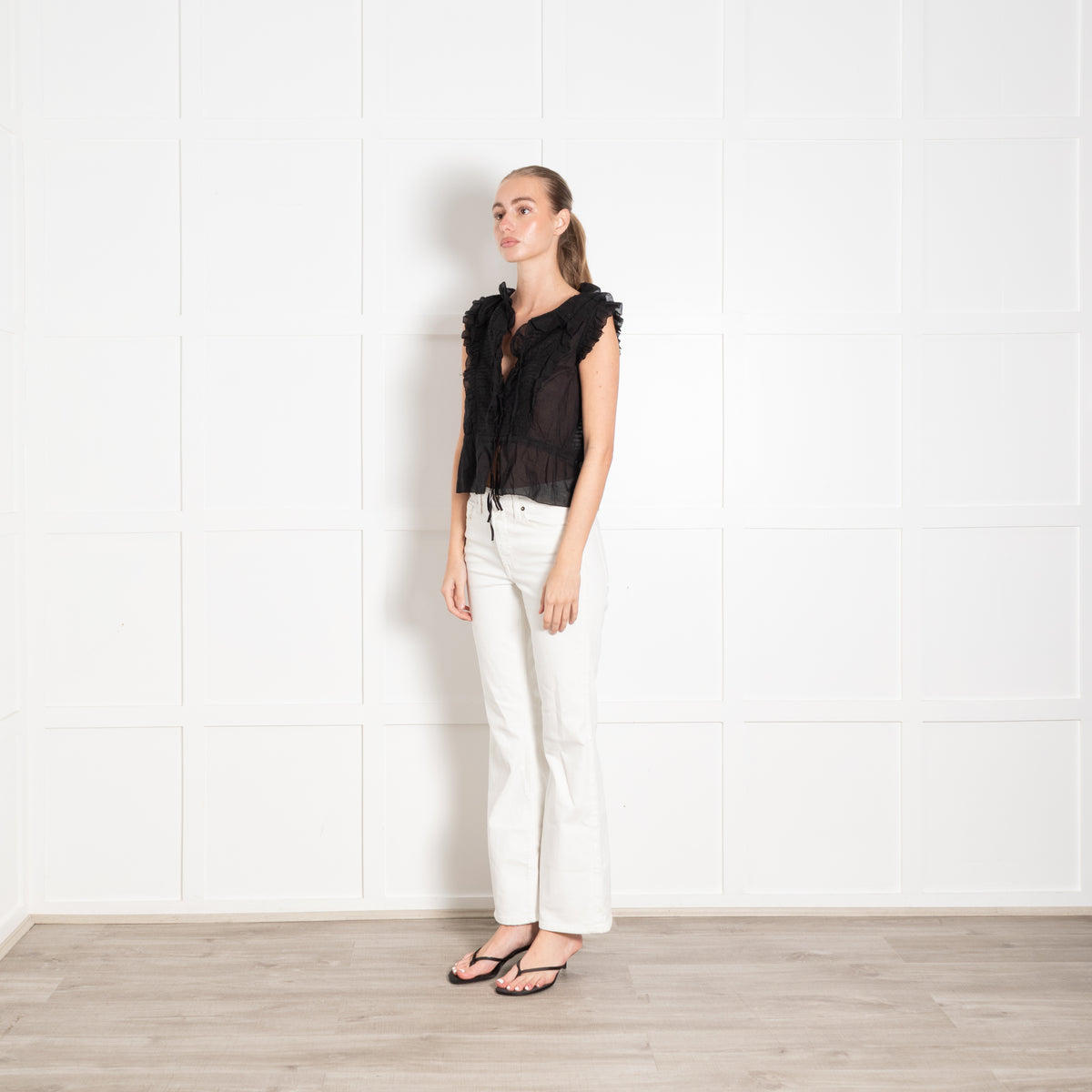 Brora Black Cotton Pin Tuck Detail Sleeveless Top