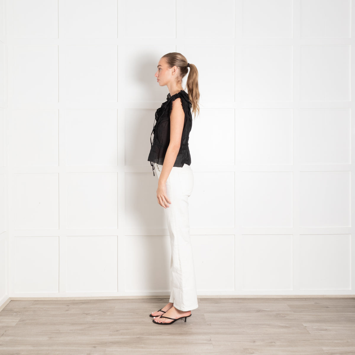 Brora Black Cotton Pin Tuck Detail Sleeveless Top