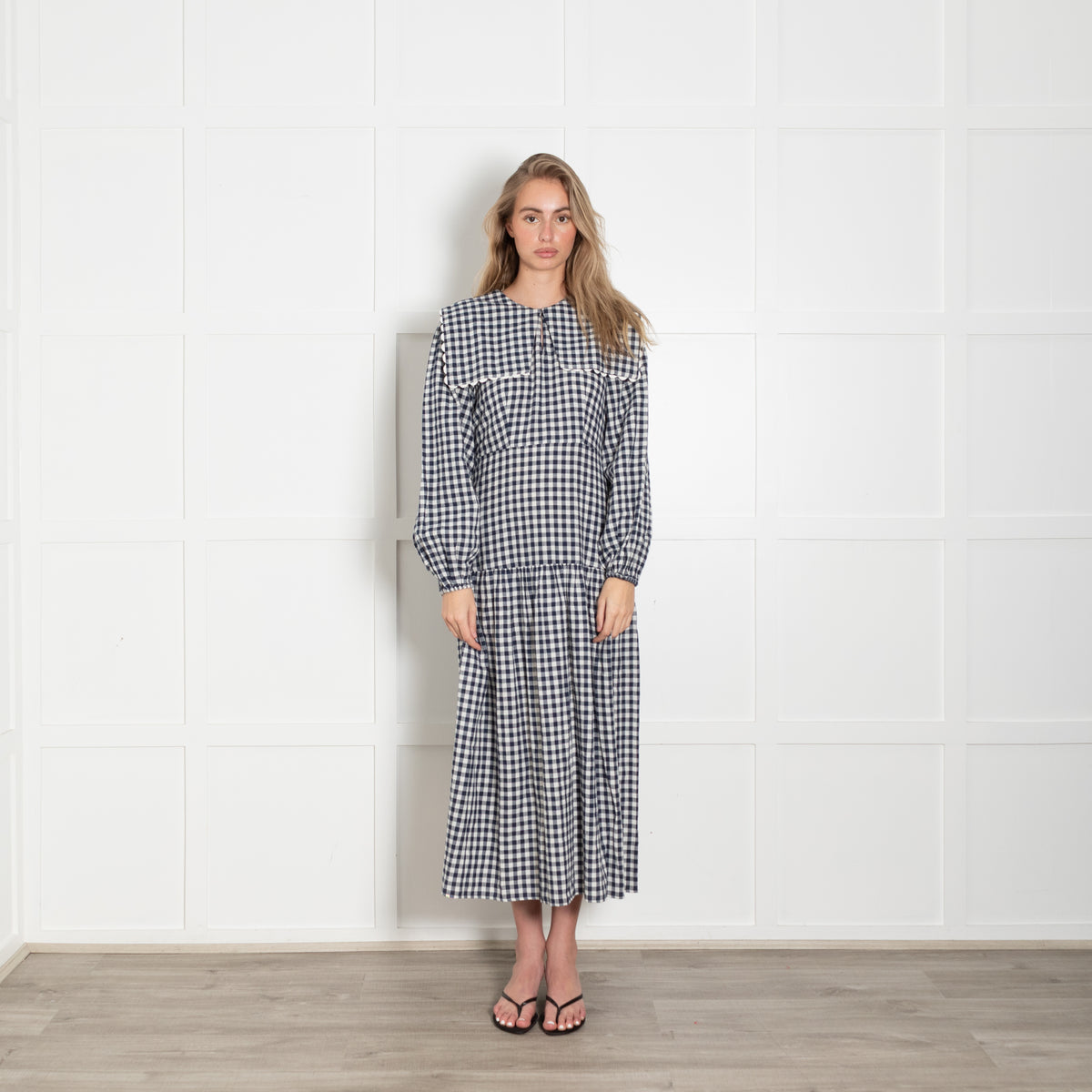 Neve & Noor Blue White Gingham Big Collar Long Sleeve Maxi Dress
