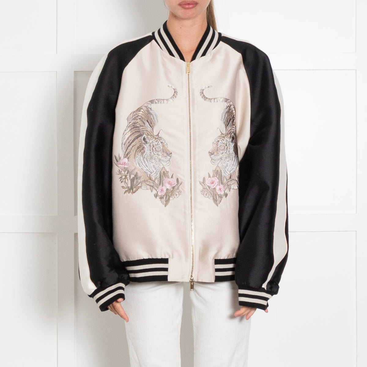 Stella McCartney Lorinda Tiger Embroidered Satin Bomber Jacket