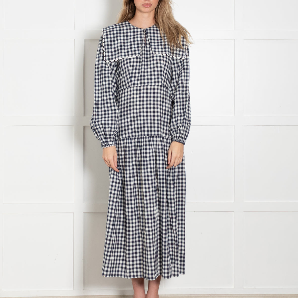 Neve & Noor Blue White Gingham Big Collar Long Sleeve Maxi Dress