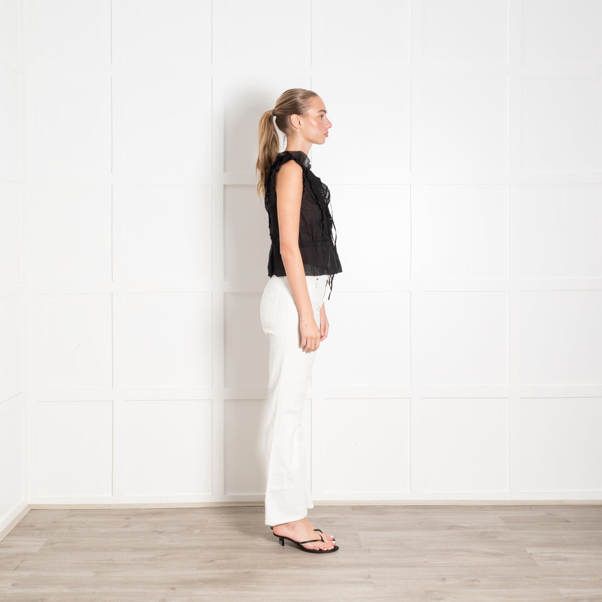 Brora Black Cotton Pin Tuck Detail Sleeveless Top