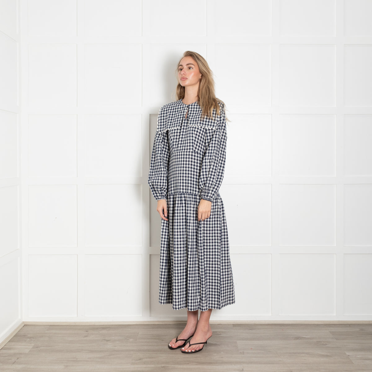 Neve & Noor Blue White Gingham Big Collar Long Sleeve Maxi Dress