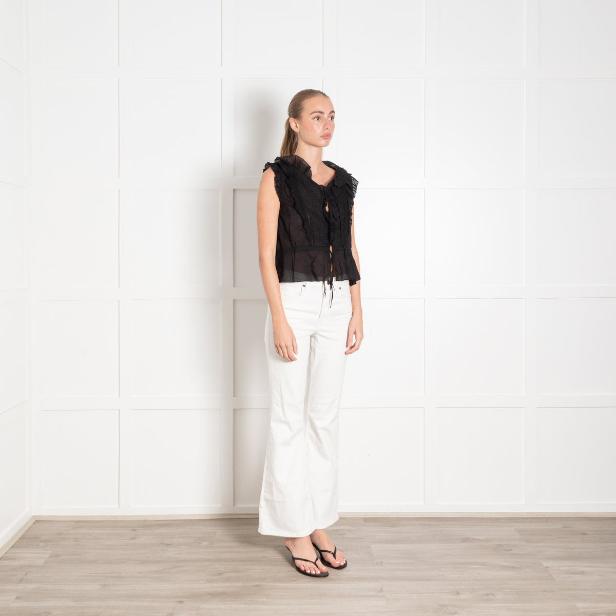 Brora Black Cotton Pin Tuck Detail Sleeveless Top
