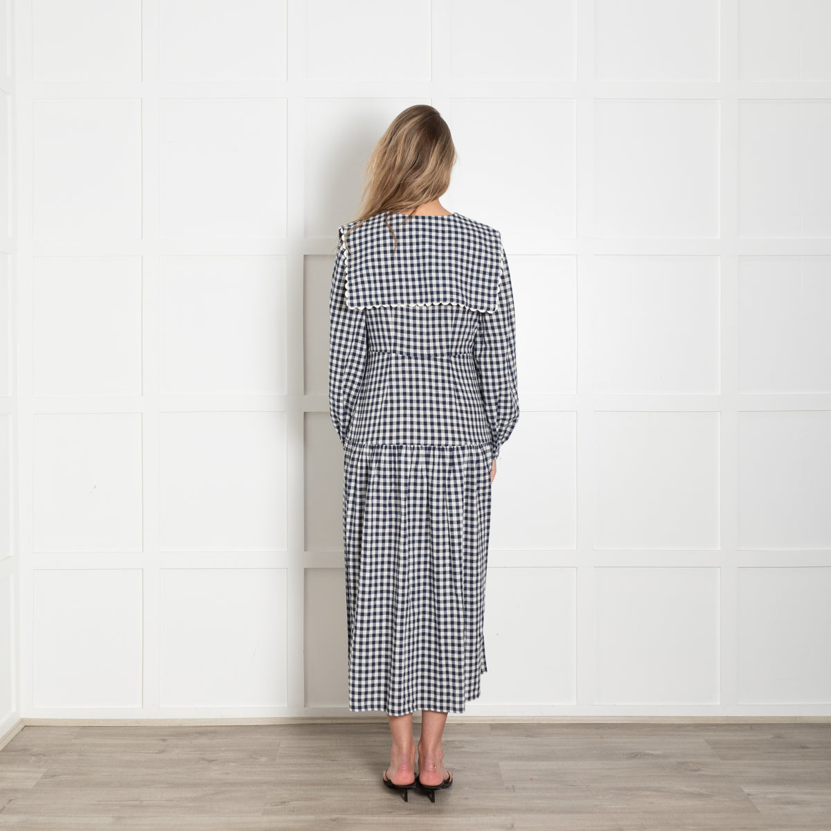 Neve & Noor Blue White Gingham Big Collar Long Sleeve Maxi Dress