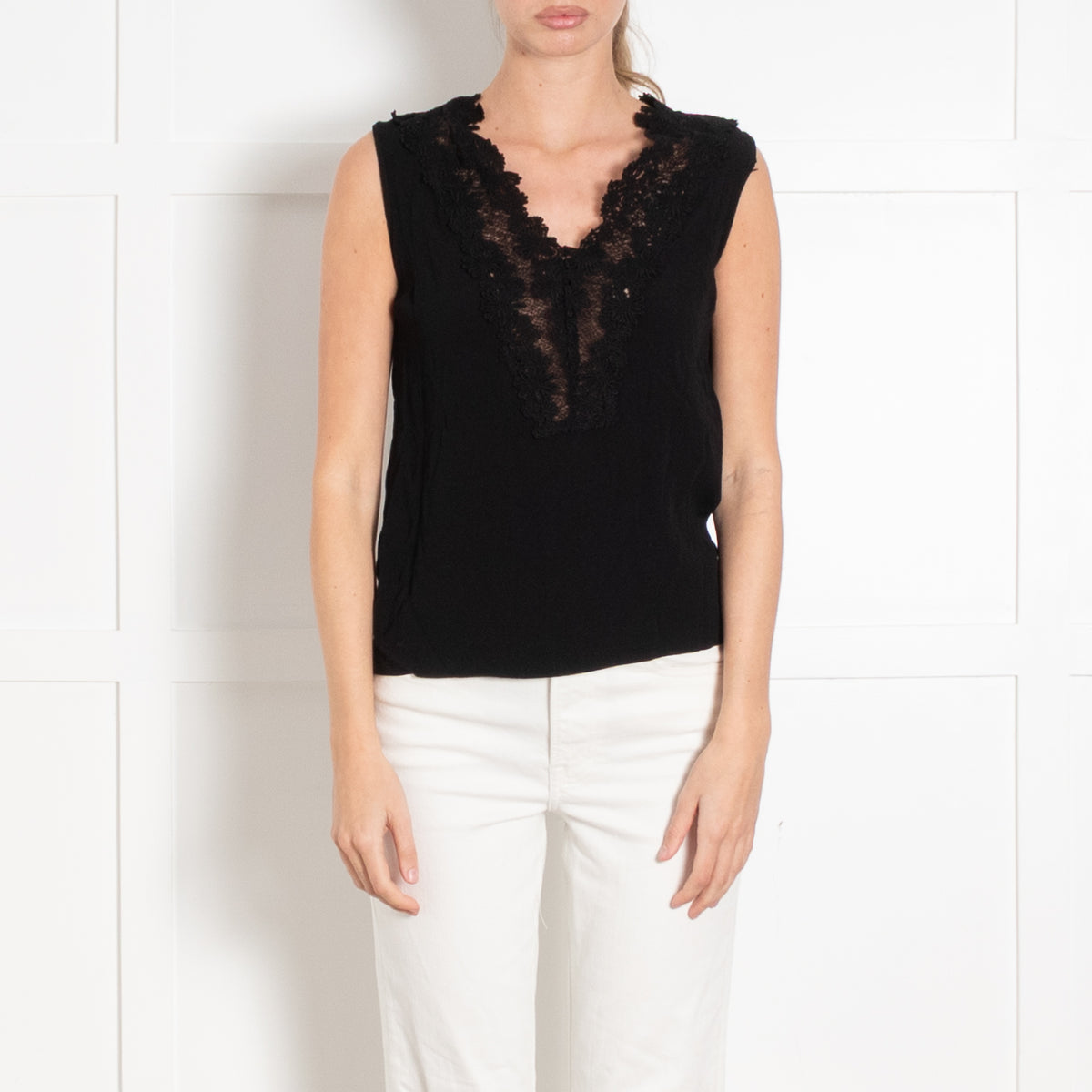 Sandro Black Sleeveless Top with Applique Detail