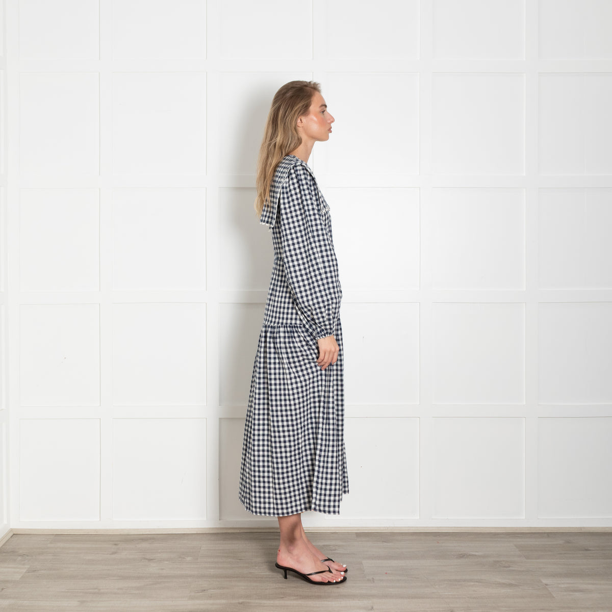 Neve & Noor Blue White Gingham Big Collar Long Sleeve Maxi Dress