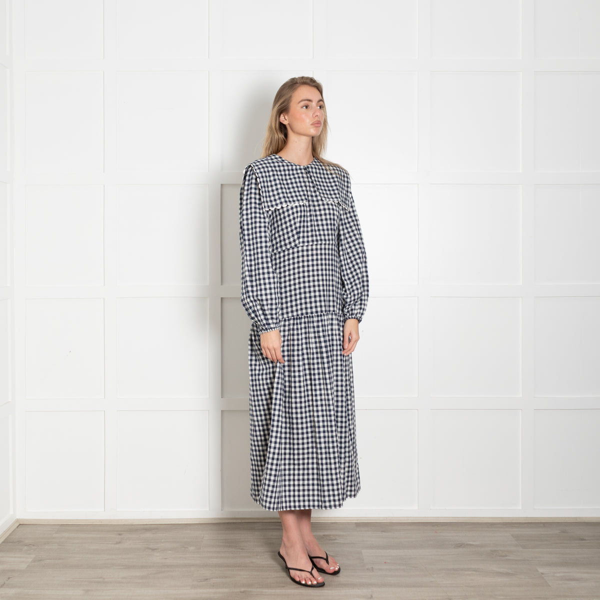 Neve & Noor Blue White Gingham Big Collar Long Sleeve Maxi Dress