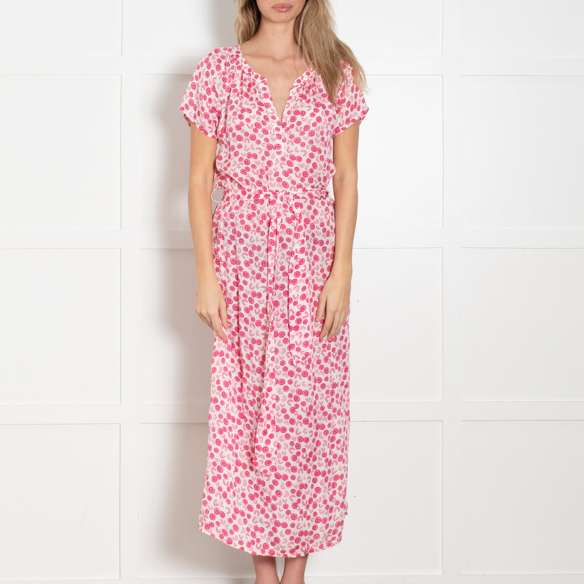 Primrose Park White Pink Smiley Print Belted Long Dress