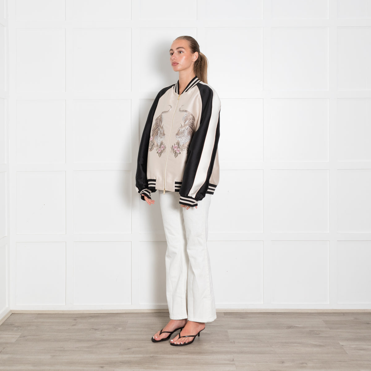 Stella McCartney Lorinda Tiger Embroidered Satin Bomber Jacket