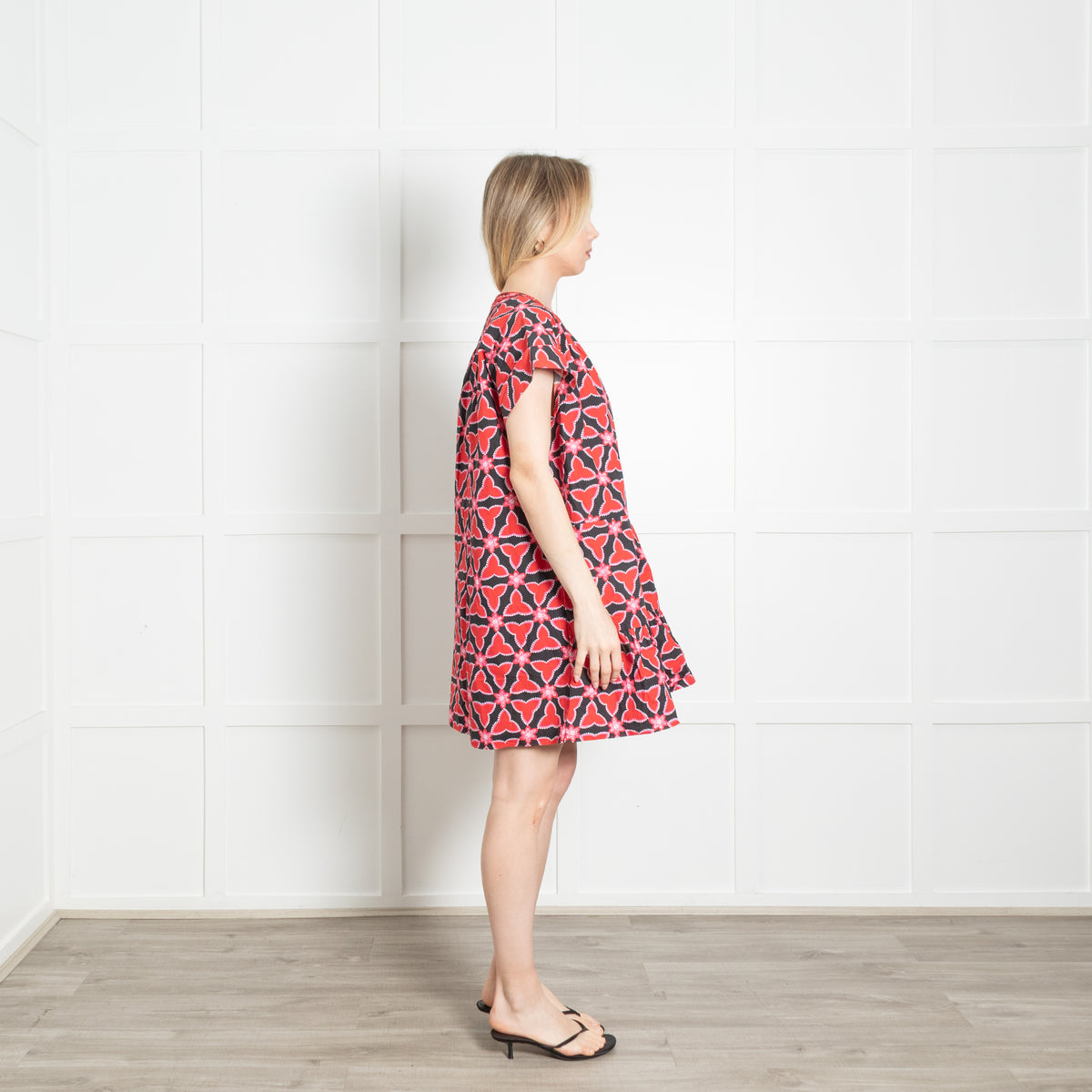 Saloni Black Red Floral Cotton Sleeveless Peplum Mini Dress