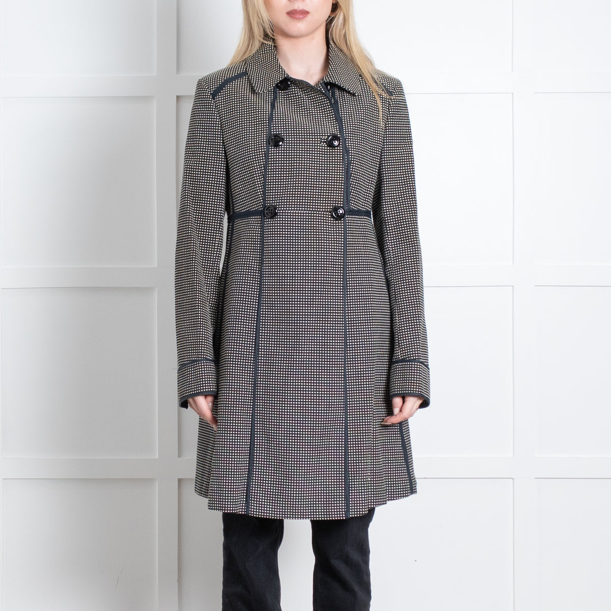 Sportmax Black White Cotton Small Check Double Breasted Fitted Coat