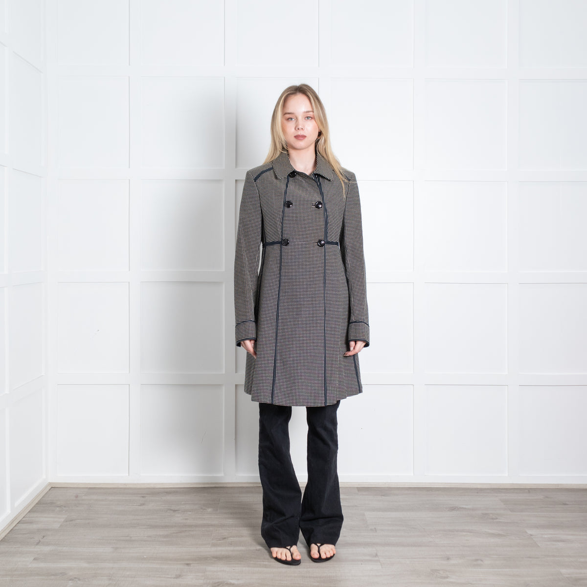 Sportmax Black White Cotton Small Check Double Breasted Fitted Coat