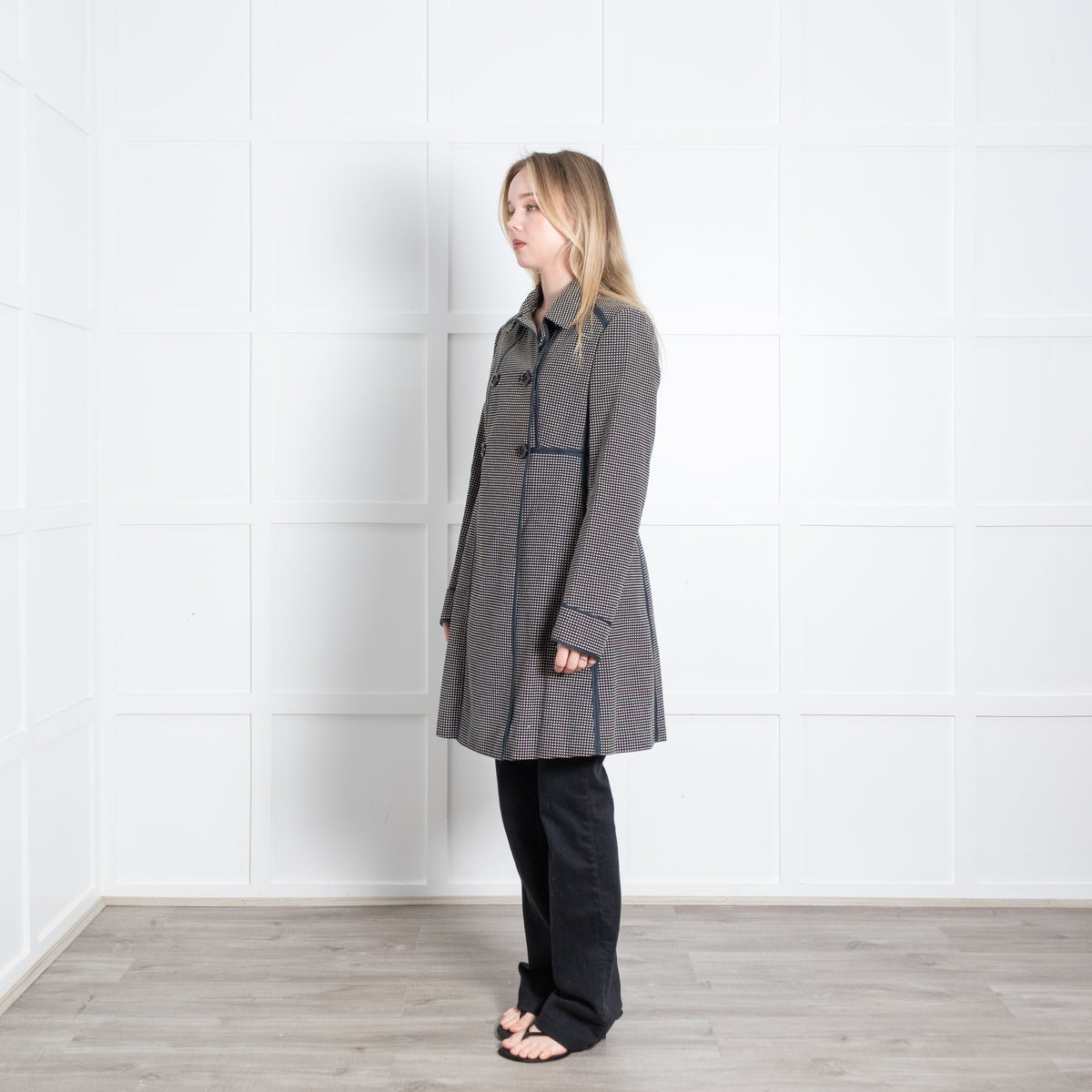 Sportmax Black White Cotton Small Check Double Breasted Fitted Coat