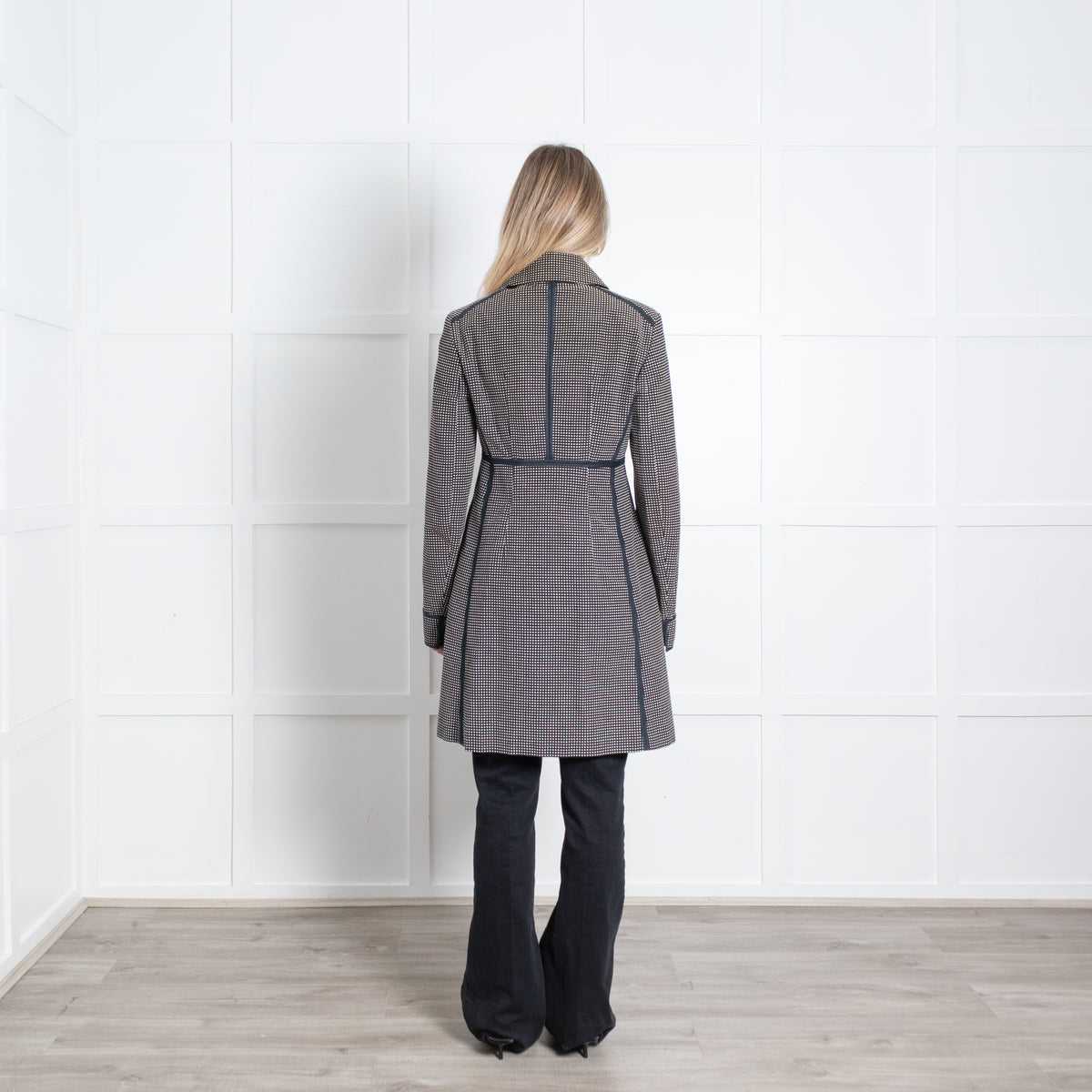 Sportmax Black White Cotton Small Check Double Breasted Fitted Coat
